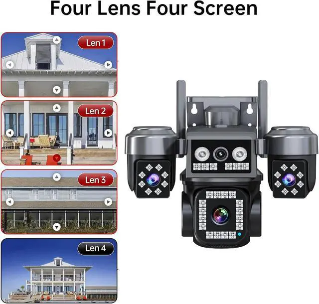 Alt view image 4 of 7 - 10K 20MP 4Lens Security Camera PTZ WiFi IP Camera With Auto Tracking Outdoor Waterproof CCTV Full Color Night Vision 2-Way Audio(UK Plug,6K 12MP No Card)