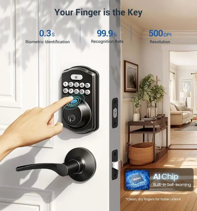 Alt view image 3 of 7 - Veise Fingerprint Door Lock with 2 Lever Handles + Veise VE001 Keyless Entry Door Lock with Keypad