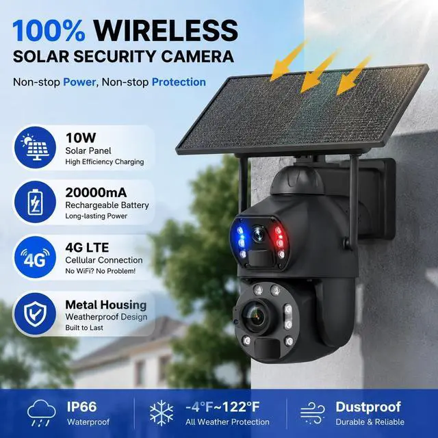 Alt view image 3 of 6 - 50X Optical Zoom 4G Solar-Powered Security Cameras, Featuring a High-Capacity 20000mA Battery with a 10W Solar Panel, Dual 6MP Lenses, PIR Motion Sensing, Full-Color Night Vision