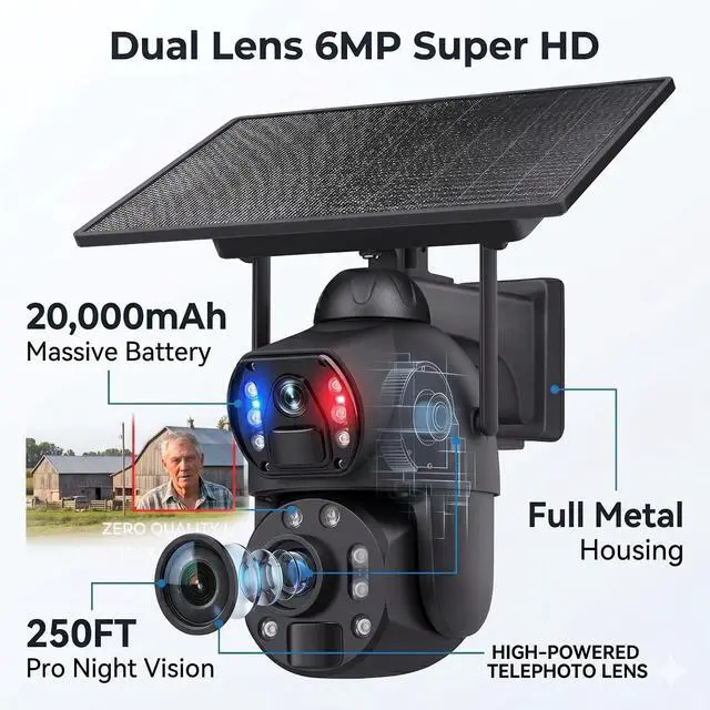 Alt view image 4 of 6 - 50X Optical Zoom 4G Solar-Powered Security Cameras, Featuring a High-Capacity 20000mA Battery with a 10W Solar Panel, Dual 6MP Lenses, PIR Motion Sensing, Full-Color Night Vision