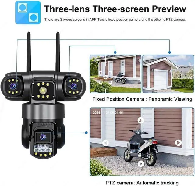 Alt view image 3 of 7 - WiFi IP Camera Outdoor 12MP 6K Triple Lenses Triple Screens Security Video Monitor Night Vision Waterproof CCTV Cameras(AU Plug,1Pcs Cam No Card)
