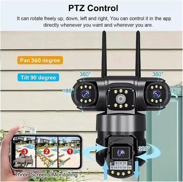 Alt view image 4 of 7 - WiFi IP Camera Outdoor 12MP 6K Triple Lenses Triple Screens Security Video Monitor Night Vision Waterproof CCTV Cameras(AU Plug,1Pcs Cam No Card)