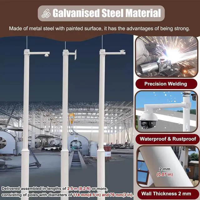 Alt view image 3 of 7 - Surveillance Pole with Ground Stake, Outdoor Security Camera Pole, Adjustable Monitoring Pole for Cameras(White-Single Ball,2.5 m (8.2 ft))