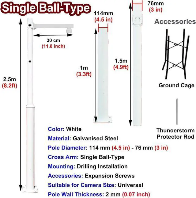 Alt view image 7 of 7 - Surveillance Pole with Ground Stake, Outdoor Security Camera Pole, Adjustable Monitoring Pole for Cameras(White-Single Ball,2.5 m (8.2 ft))