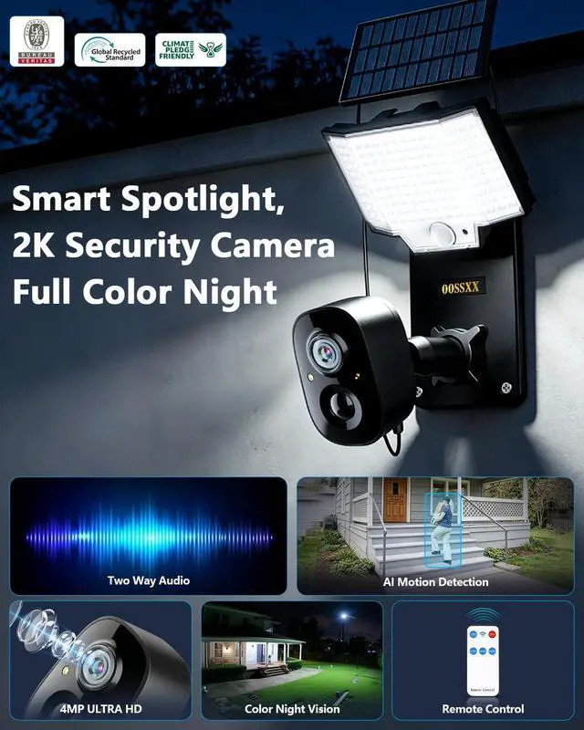 Alt view image 2 of 7 - Solar Security Camera with Bracket & Spotlight, Smart Lighting Modes, 4MP Color Night Vision, PIR Detection, 2-Way Audio, 2.4G/5G WiFi, Outdoor Solar Battery Cameras for Home Security, Remote Control