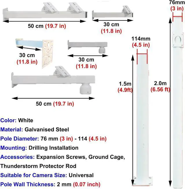 Alt view image 7 of 7 - Heavy Duty Surveillance Camera Pole with Mounting Arms - 1.0m (3.3ft) for Roof Inspection & Outdoor Security Solutions - Durable, Weather-Resistant, Easy Installation