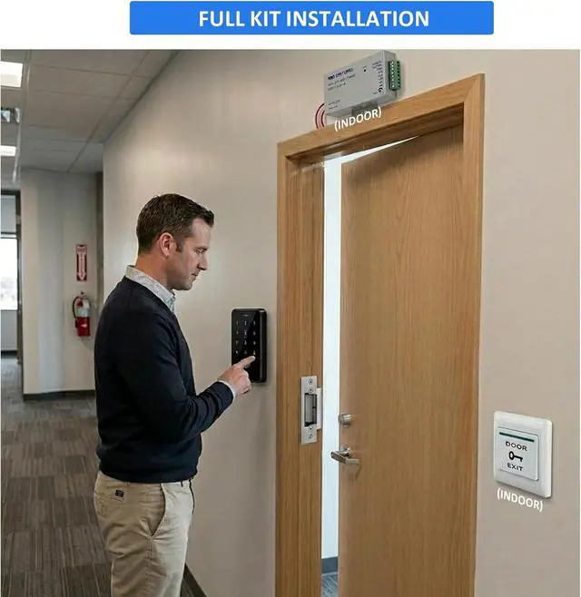 Alt view image 2 of 7 - IP68 Waterproof Access Control System Kit, RFID Access Control Keypad with NC Fail-Safe Electric Door Strike, 12V Power Supply, Exit Button & 10 Key Fobs for Key Card Entry System