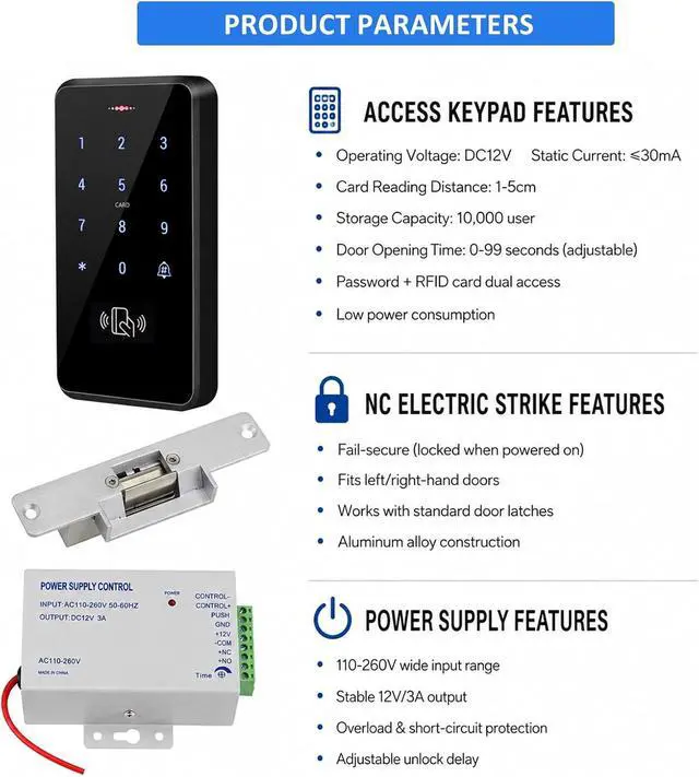 Alt view image 7 of 7 - IP68 Waterproof Access Control System Kit, RFID Access Control Keypad with NC Fail-Safe Electric Door Strike, 12V Power Supply, Exit Button & 10 Key Fobs for Key Card Entry System