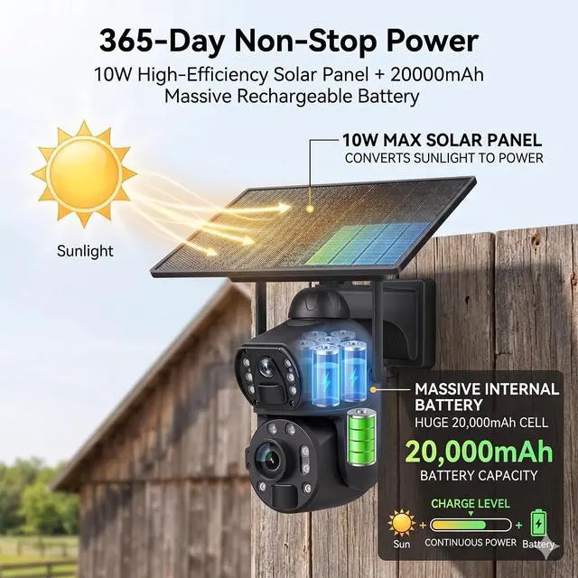 Alt view image 5 of 6 - 50X Optical Zoom 4G Solar-Powered Security Cameras, Featuring a High-Capacity 20000mA Battery with a 10W Solar Panel, Dual 6MP Lenses, PIR Motion Sensing, Full-Color Night Vision