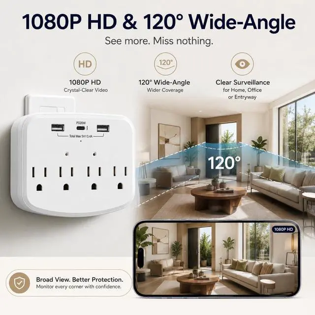 Alt view image 2 of 7 - HD 1080P Hidden Camera WiFi, Wall Outlet Cam with Motion Detection, Cam for Home Security, WiFi Wall-Mounted Bullet Cameras, Suitable for Home Security/Office/Elderly/Baby & Pet