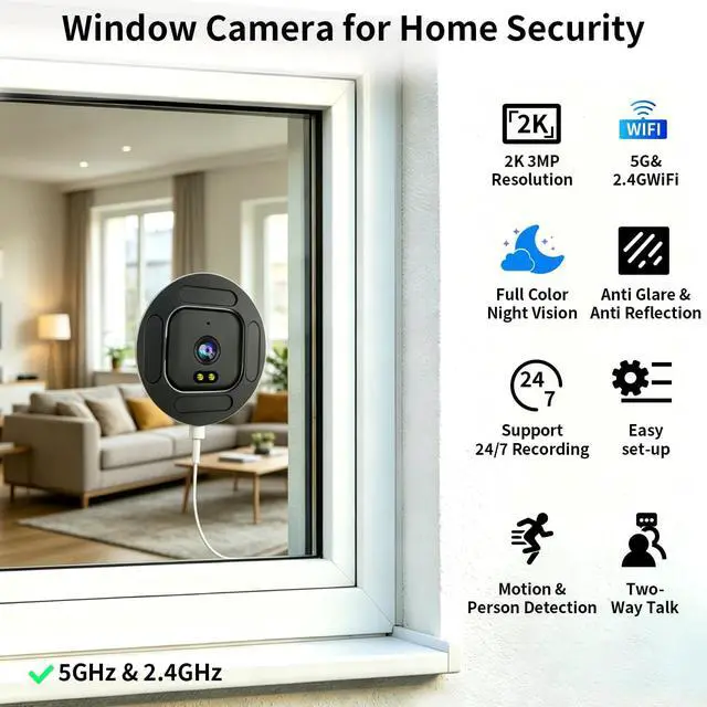 Alt view image 2 of 7 - LETSCEE 2K No Drill Window Camera for Indoor & Outdoor Home Security,Stick-On Glass-Angled Mount Wired,2.4G & 5Ghz WiFi,Continuous 24/7 Recording,2-Way Audio,Easy & Quick Install.
