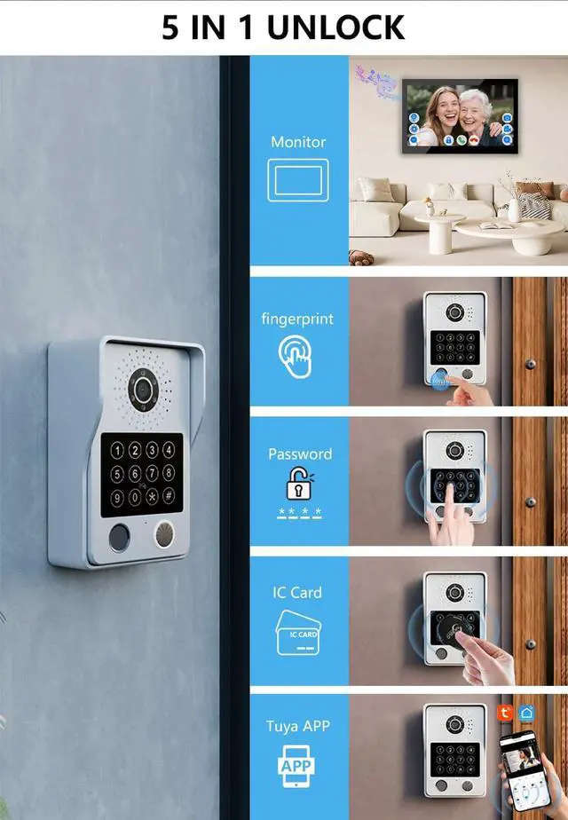 Alt view image 2 of 7 - WiFi Wired Video Doorbell System,10 Inch High-Definition Monitor +Ring Camera,Remote/ID/Password/Fingerprints Unlock,Night Vision,Two-Way Intercom,Snapshot (1 Door B+ 1 Monitor)