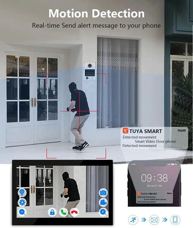 Alt view image 4 of 7 - WiFi Wired Video Doorbell System,10 Inch High-Definition Monitor +Ring Camera,Remote/ID/Password/Fingerprints Unlock,Night Vision,Two-Way Intercom,Snapshot (1 Door B+ 1 Monitor)