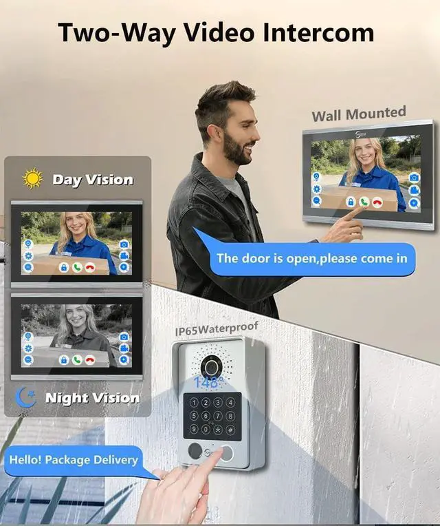 Alt view image 3 of 7 - WiFi Wired Video Doorbell System,10 Inch High-Definition Monitor +Ring Camera,Remote/ID/Password/Fingerprints Unlock,Night Vision,Two-Way Intercom,Snapshot (1 Door B+ 1 Monitor)