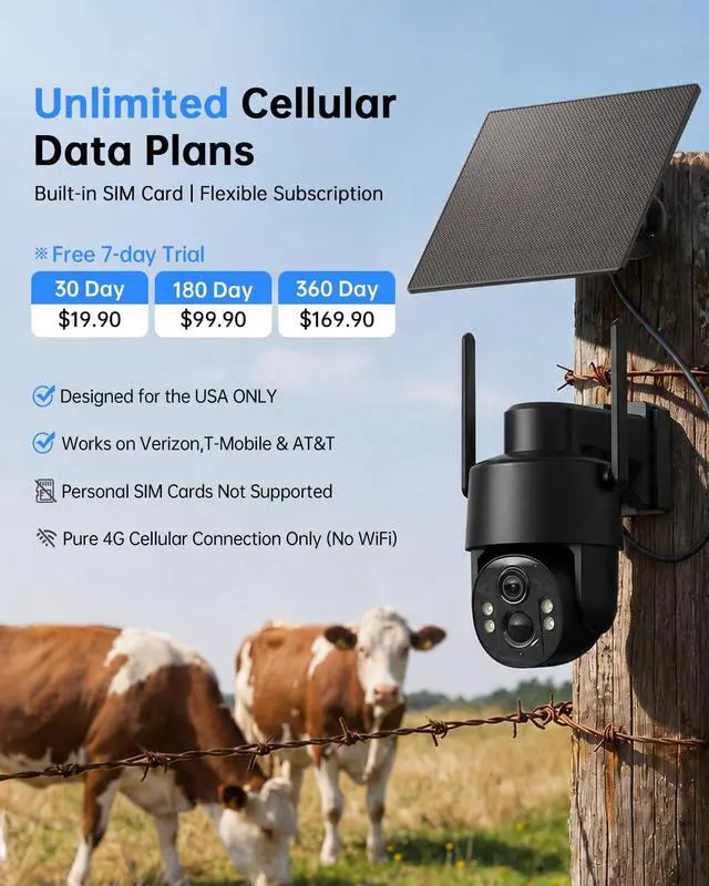 Alt view image 2 of 7 - Tical Cellular Security Camera Outdoor, No WiFi Security Camera, 4G LTE Camera with SIM Card, 2.5K/4MP Color Night Vision, 350° View, PIR Human Detection, Solar Powered for Remote Area, Black