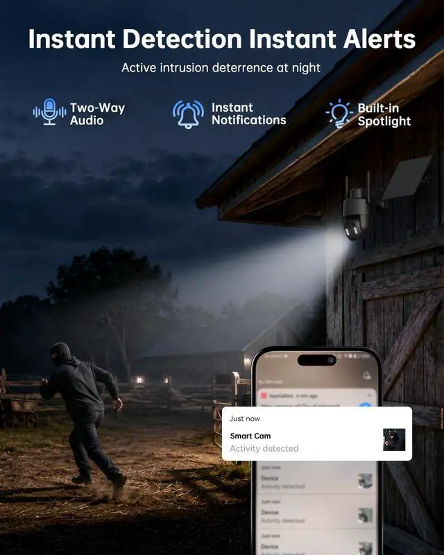Alt view image 7 of 7 - Tical Cellular Security Camera Outdoor, No WiFi Security Camera, 4G LTE Camera with SIM Card, 2.5K/4MP Color Night Vision, 350° View, PIR Human Detection, Solar Powered for Remote Area, Black