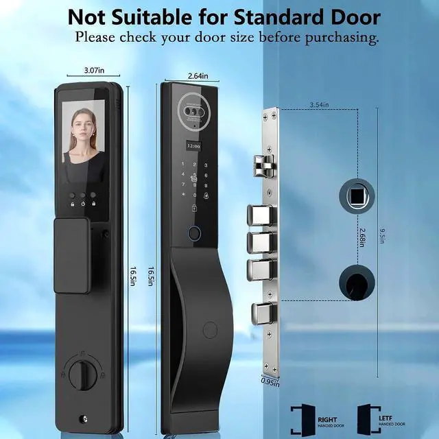 Alt view image 2 of 7 - Smart Door Lock with Camera, 3D Face Recognition Door Lock with Video Doorbell & Indoor Screen, 8-in-1 Keyless Entry with Fingerprint, Palm Vein, PIN Code, Tuya App Control, 2-Way Audio