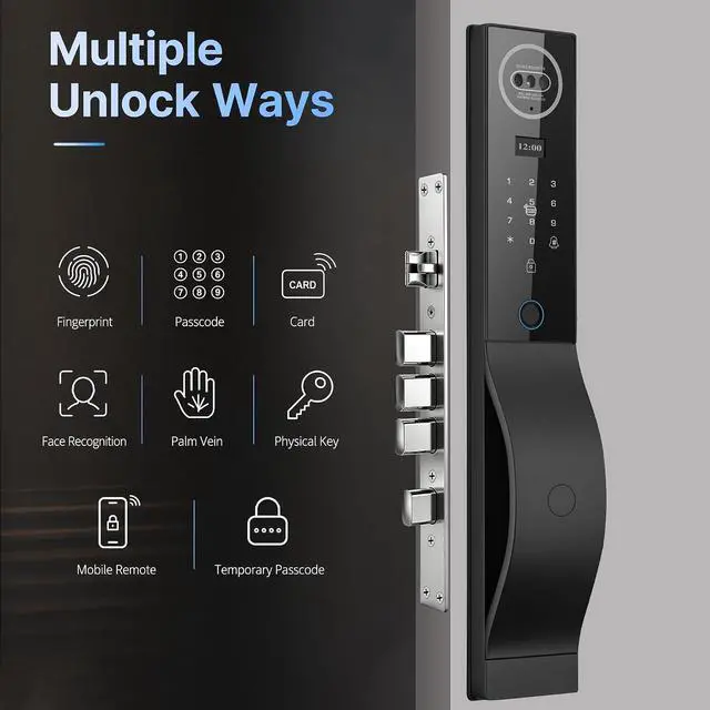 Alt view image 3 of 7 - Smart Door Lock with Camera, 3D Face Recognition Door Lock with Video Doorbell & Indoor Screen, 8-in-1 Keyless Entry with Fingerprint, Palm Vein, PIN Code, Tuya App Control, 2-Way Audio