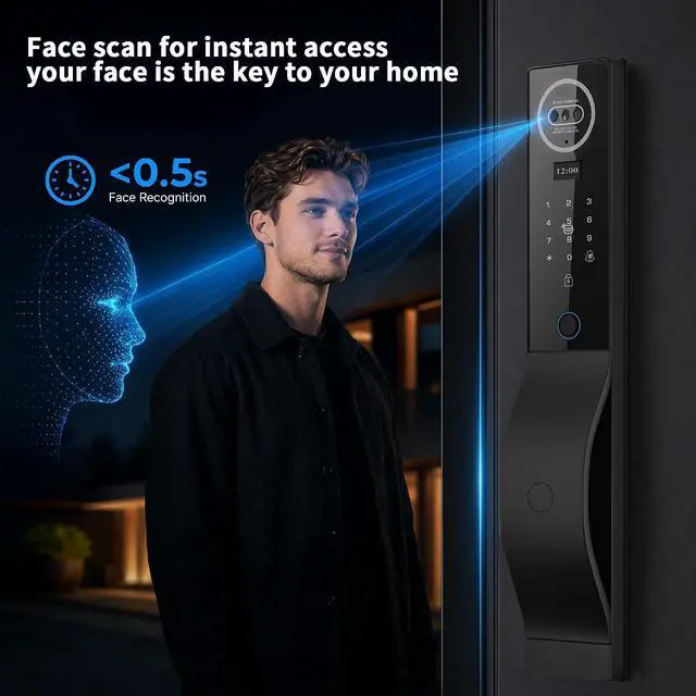 Alt view image 4 of 7 - Smart Door Lock with Camera, 3D Face Recognition Door Lock with Video Doorbell & Indoor Screen, 8-in-1 Keyless Entry with Fingerprint, Palm Vein, PIN Code, Tuya App Control, 2-Way Audio