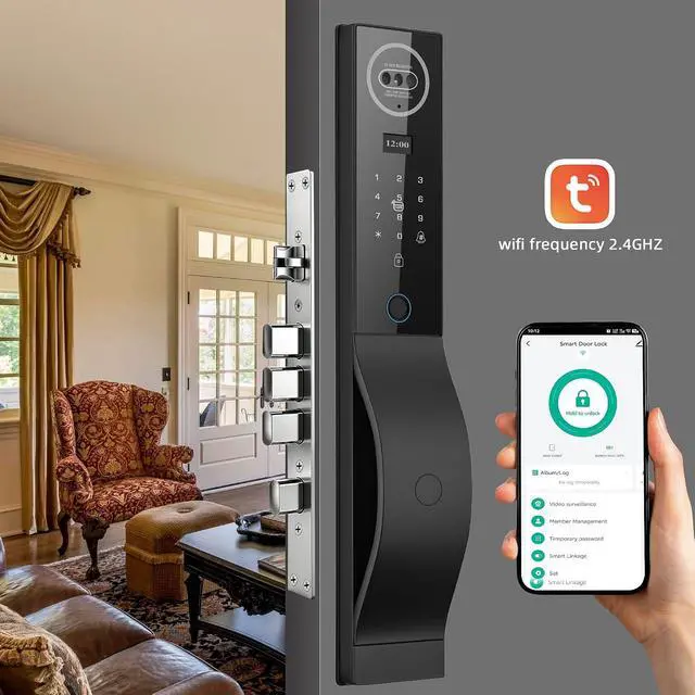Alt view image 6 of 7 - Smart Door Lock with Camera, 3D Face Recognition Door Lock with Video Doorbell & Indoor Screen, 8-in-1 Keyless Entry with Fingerprint, Palm Vein, PIN Code, Tuya App Control, 2-Way Audio