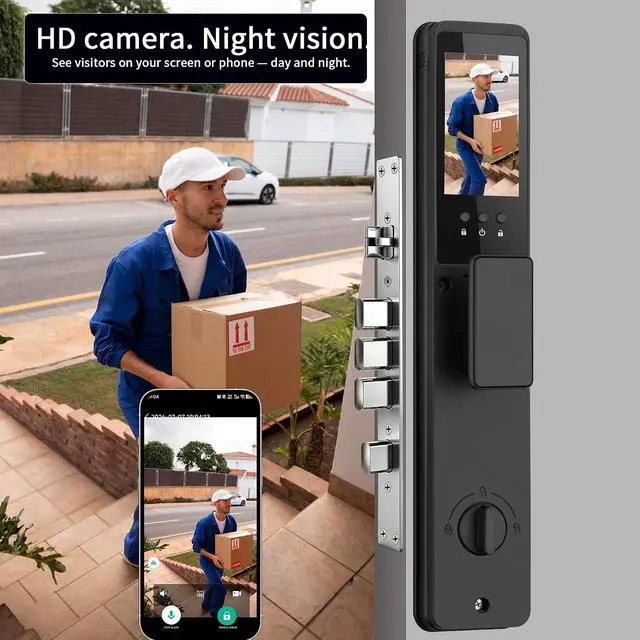 Alt view image 7 of 7 - Smart Door Lock with Camera, 3D Face Recognition Door Lock with Video Doorbell & Indoor Screen, 8-in-1 Keyless Entry with Fingerprint, Palm Vein, PIN Code, Tuya App Control, 2-Way Audio