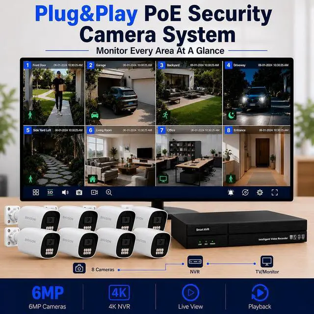Alt view image 2 of 7 - 6MP PoE Security Camera System,8 x 6MP Wired Bullet Camera Outdoor Indoor,Color Night Vision,Motion Detection,2 Way Audio,4K NVR