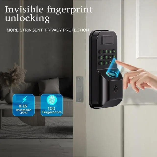 Alt view image 3 of 7 - Smart Door Locks, Fingerprint Door Locks, app Unlocking, Fingerprint, PIN Code, Key Unlocking, Smart Locks for Front Doors, Suitable for Homes, Flats and Offices(Black,No Handles)