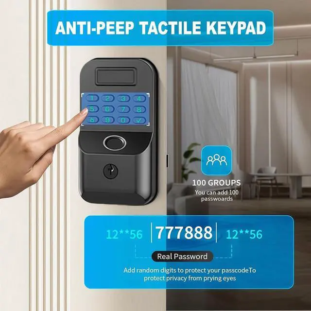 Alt view image 4 of 7 - Smart Door Locks, Fingerprint Door Locks, app Unlocking, Fingerprint, PIN Code, Key Unlocking, Smart Locks for Front Doors, Suitable for Homes, Flats and Offices(Black,No Handles)