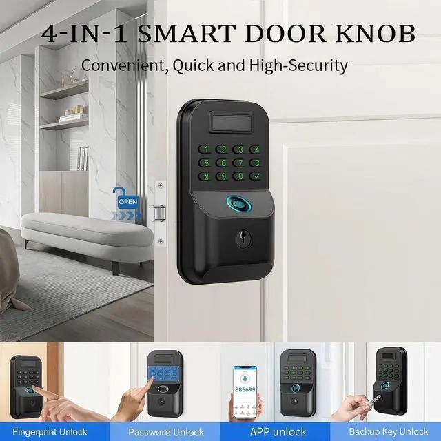 Alt view image 2 of 7 - Smart Door Locks, Fingerprint Door Locks, app Unlocking, Fingerprint, PIN Code, Key Unlocking, Smart Locks for Front Doors, Suitable for Homes, Flats and Offices(Black,No Handles)