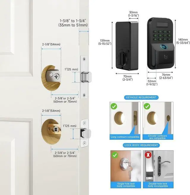 Alt view image 5 of 7 - Smart Door Locks, Fingerprint Door Locks, app Unlocking, Fingerprint, PIN Code, Key Unlocking, Smart Locks for Front Doors, Suitable for Homes, Flats and Offices(Black,No Handles)