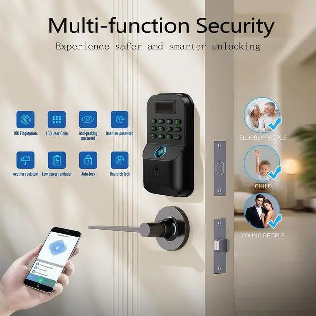 Alt view image 6 of 7 - Smart Door Locks, Fingerprint Door Locks, app Unlocking, Fingerprint, PIN Code, Key Unlocking, Smart Locks for Front Doors, Suitable for Homes, Flats and Offices(Black,No Handles)