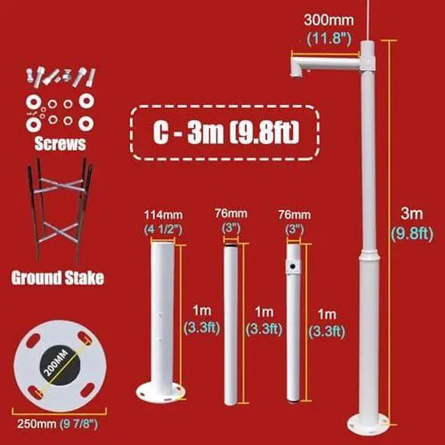 Alt view image 3 of 3 - Adjustable 9.8Ft Outdoor Security Camera Pole with Ground Stake & Solar Panel Mount - Durable White Round Surveillance Rack Stand for Enhanced Home Security,C 3m (9.8ft)