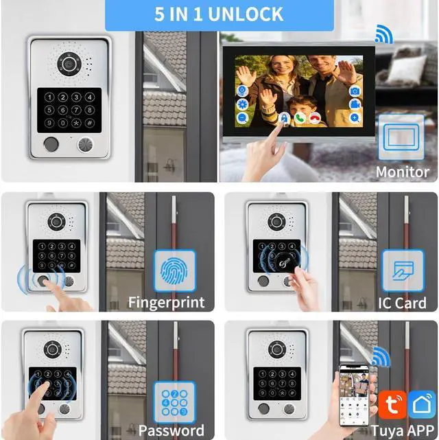 Alt view image 2 of 7 - WiFi Wired Video Doorbell System,7 Inch High-Definition Monitor +Ring Camera,Remote/ID/Password/Fingerprints Unlock,Night Vision,Two-Way Intercom,Snapshot (1 Door B + 1 Monitor W)