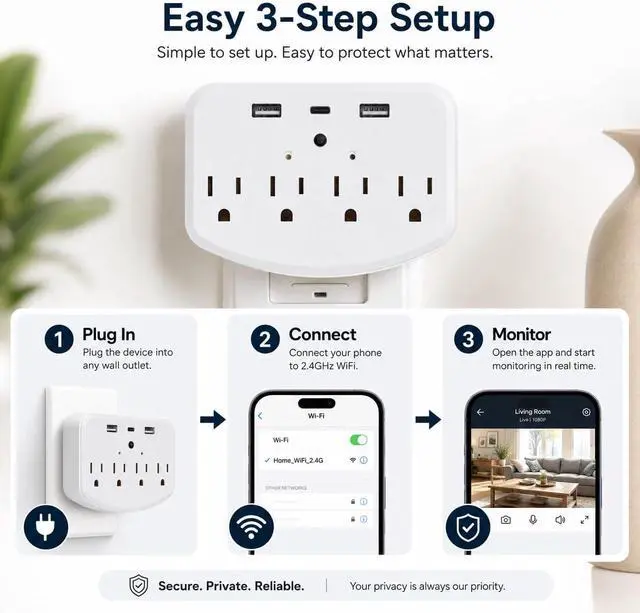 Alt view image 6 of 7 - HD 1080P Hidden Camera WiFi, Wall Outlet Cam with Motion Detection, Cam for Home Security, WiFi Wall-Mounted Bullet Cameras, Suitable for Home Security/Office/Elderly/Baby & Pet