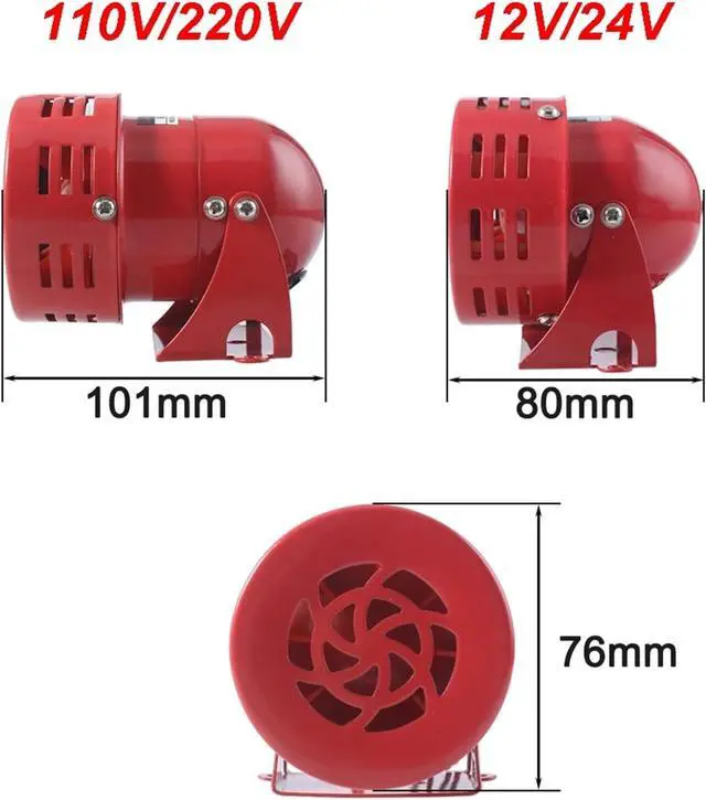 Alt view image 3 of 5 - 1pc MS-190/290/390 12V 24V 220V 110V Red Mini Metal Motor Siren Industrial Alarm Sound Electrical Guard Against Theft 130dB(MS-190-24V)