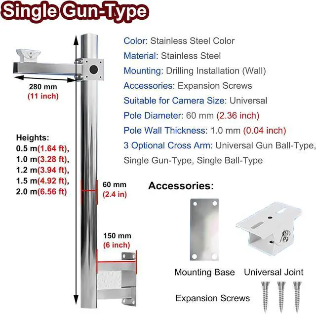Alt view image 6 of 7 - Stainless Steel Weatherproof Security Camera Pole, 1.2m (3.94ft) Wall Mount Surveillance Flag Pole with Cross Arm for Monitoring & Roof Inspection