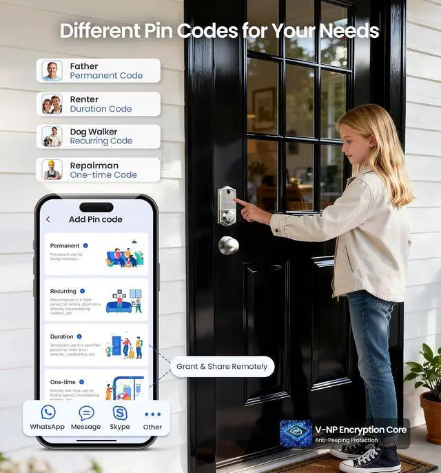 Alt view image 4 of 7 - Veise VE017-L+VE017-K Fingerprint Smart Door Lock, App Control, Keyless Entry Front Door Lock Set, Emergency Power Port, Easy Install, Auto-Lock, Satin Nickel