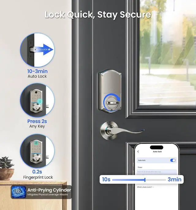 Alt view image 6 of 7 - Veise VE017-L+VE017-K Fingerprint Smart Door Lock, App Control, Keyless Entry Front Door Lock Set, Emergency Power Port, Easy Install, Auto-Lock, Satin Nickel