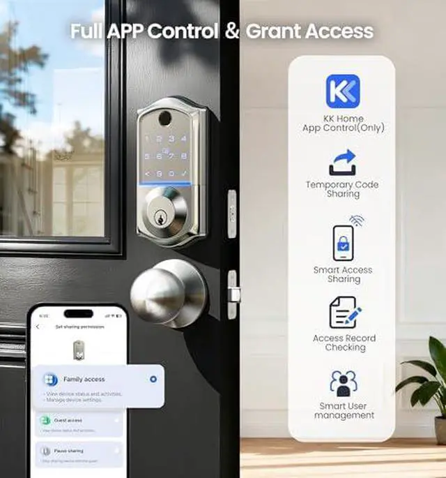 Alt view image 3 of 7 - Veise VE017-L+VE017-K Fingerprint Smart Door Lock, App Control, Keyless Entry Front Door Lock Set, Emergency Power Port, Easy Install, Auto-Lock, Satin Nickel