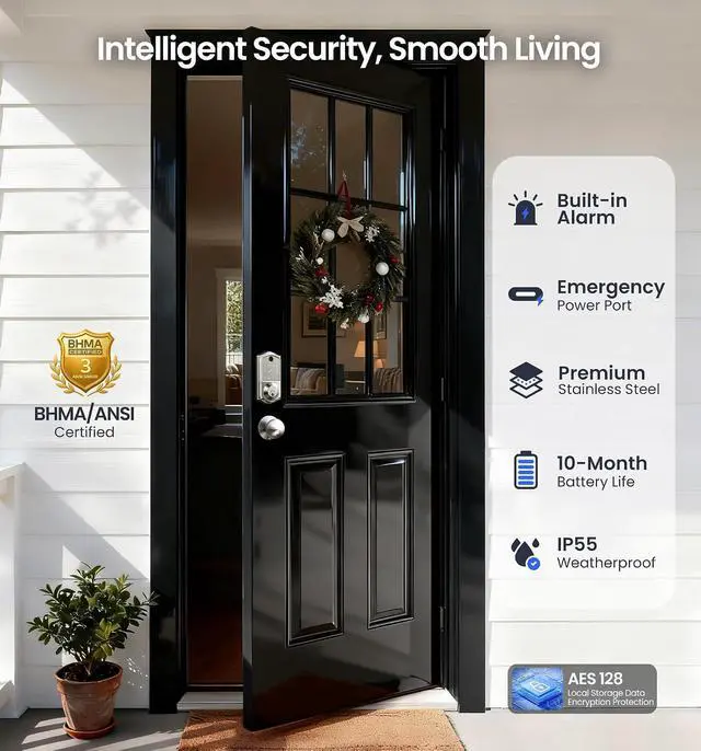 Alt view image 5 of 7 - Veise VE017-L+VE017-K Fingerprint Smart Door Lock, App Control, Keyless Entry Front Door Lock Set, Emergency Power Port, Easy Install, Auto-Lock, Satin Nickel