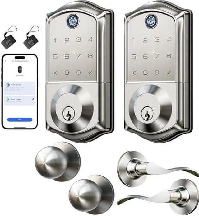 Main image of Veise VE017-L+VE017-K Fingerprint Smart Door Lock, App Control, Keyless Entry Front Door Lock Set, Emergency Power Port, Easy Install, Auto-Lock, Satin Nickel