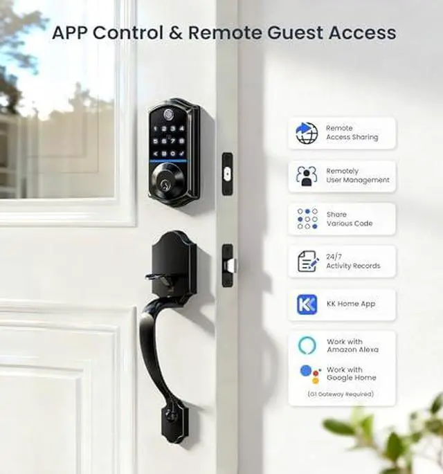 Alt view image 2 of 7 - Veise VE017-H+VE017-K Fingerprint Smart Door Lock, App Control, Keyless Entry Front Door Lock Set, Emergency Power Port, Easy Install, Auto-Lock, Matte Black