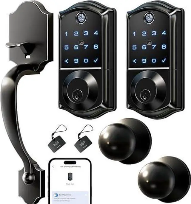 Main image of Veise VE017-H+VE017-K Fingerprint Smart Door Lock, App Control, Keyless Entry Front Door Lock Set, Emergency Power Port, Easy Install, Auto-Lock, Matte Black