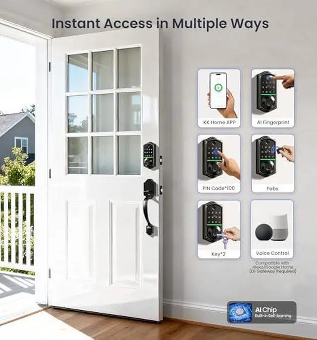 Alt view image 3 of 7 - Veise VE017-H+VE017-K Fingerprint Smart Door Lock, App Control, Keyless Entry Front Door Lock Set, Emergency Power Port, Easy Install, Auto-Lock, Matte Black