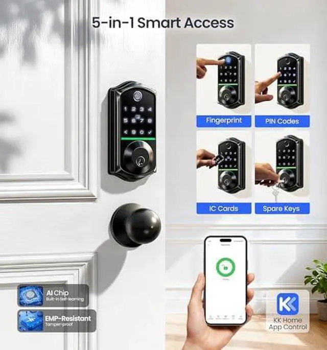 Alt view image 4 of 7 - Veise VE017-H+VE017-K Fingerprint Smart Door Lock, App Control, Keyless Entry Front Door Lock Set, Emergency Power Port, Easy Install, Auto-Lock, Matte Black
