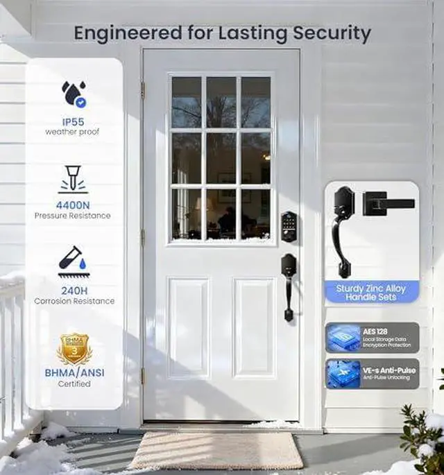Alt view image 7 of 7 - Veise VE017-H+VE017-K Fingerprint Smart Door Lock, App Control, Keyless Entry Front Door Lock Set, Emergency Power Port, Easy Install, Auto-Lock, Matte Black