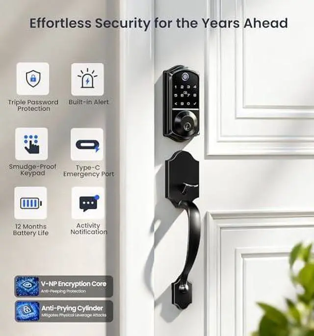 Alt view image 6 of 7 - Veise VE017-H+VE017-K Fingerprint Smart Door Lock, App Control, Keyless Entry Front Door Lock Set, Emergency Power Port, Easy Install, Auto-Lock, Matte Black