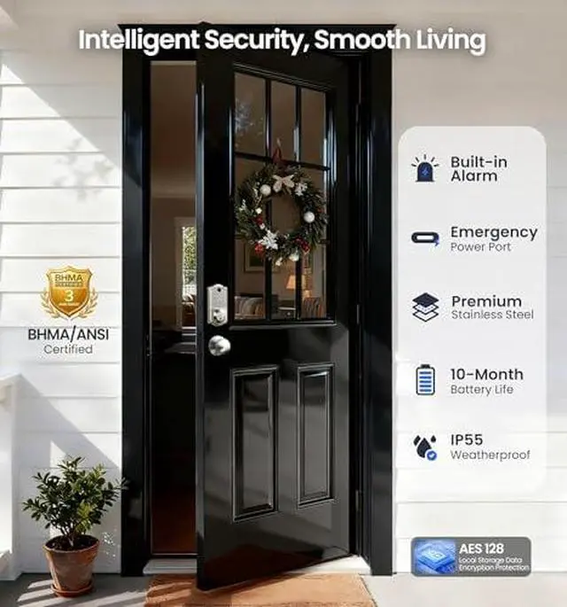 Alt view image 5 of 6 - Veise VE017-K WiFi Smart Lock with G1 Gateway Knob Set, App Control, Fingerprint Access, Keyless Entry Front Door Lock Set, Satin Nickel