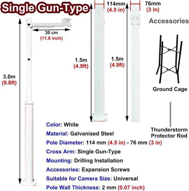 Alt view image 7 of 7 - 8-20 ft Dome Security Camera Pole, Adjustable Extension for Outdoor Surveillance, Corner Installation, Segmented Design, White, Compatible with Single Gun Cameras