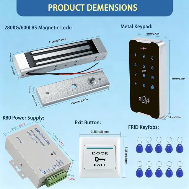 Alt view image 2 of 7 - Complete Access Control Kit with Zinc Alloy Keypad-3000-User Touch Keypad,12V 3A Power Supply,180kg Magnetic Lock, Exit Switch & 10 RFID Key Fobs,All-in-One for Home/Office/Garage